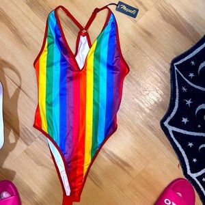 NWT PRIDE SZ SMALL CHEEKY RAINBOW WMNS SNAP CLOSURE BODY SUIT/BATHING SUIT